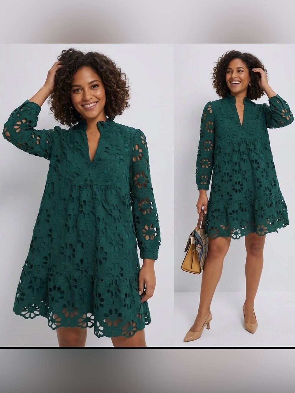 Tuckernuck Deep Green Eyelet Tiered Long-Sleeve Dress